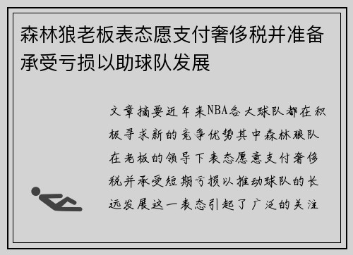 森林狼老板表态愿支付奢侈税并准备承受亏损以助球队发展